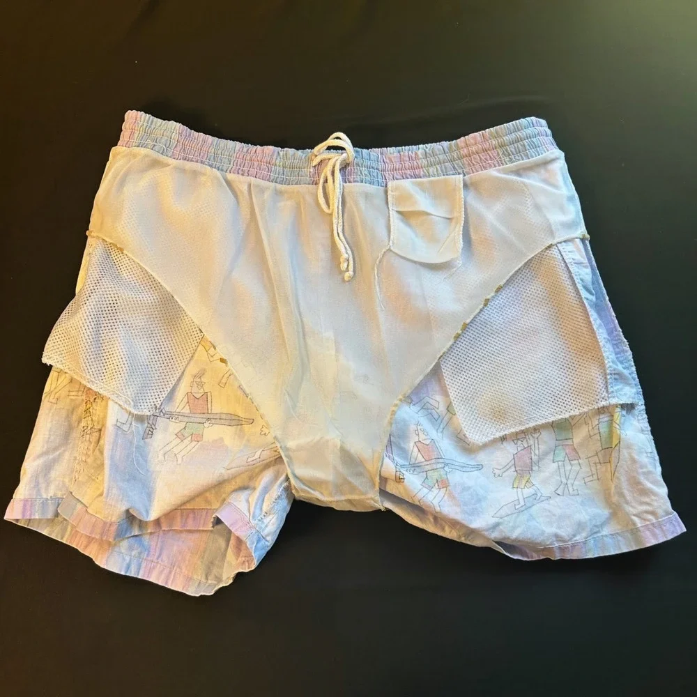 vintage white caps small surfer board short cotton swim trunk elastic drawstring